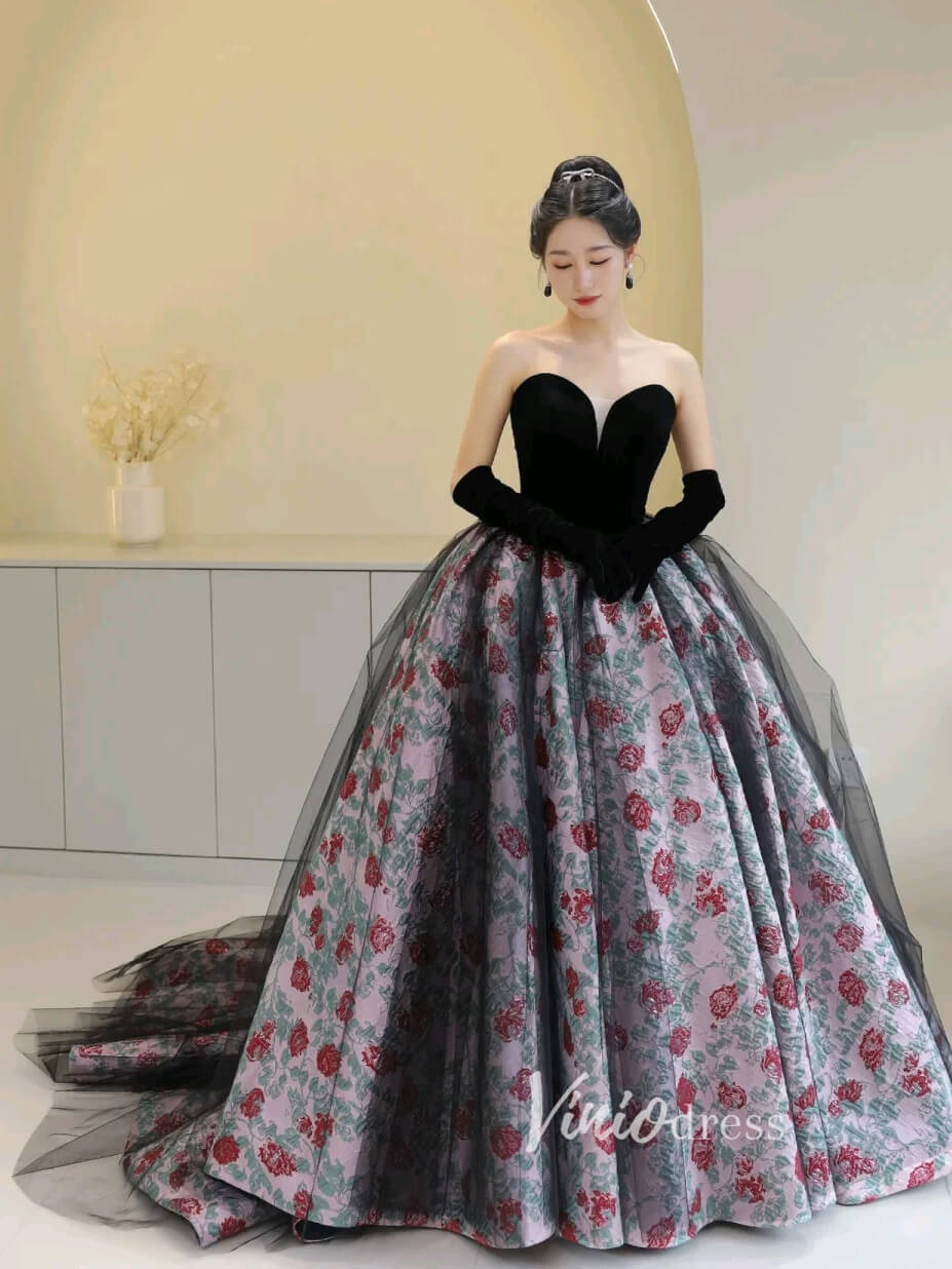 Black Jacquard Lace Prom Dresses Strapless Floral Quinceanera Dress FD3444 - Viniodressprom dressesBlackCustom Size - Formal Dresses - Ball Gowns