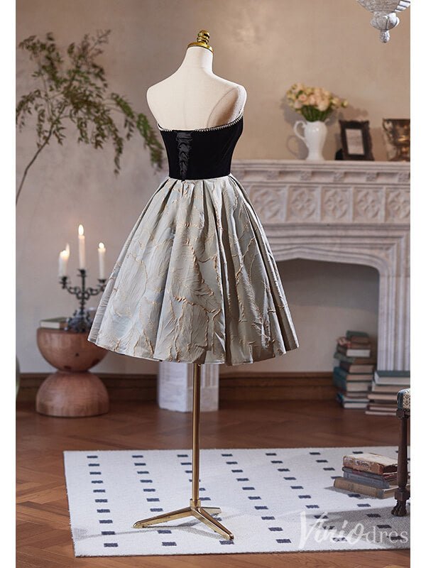 Black Jacquard Satin Hoco 2024 Strapless Back to School Dress 8002-prom dresses 2025 -Viniodress-Black-Custom Size-