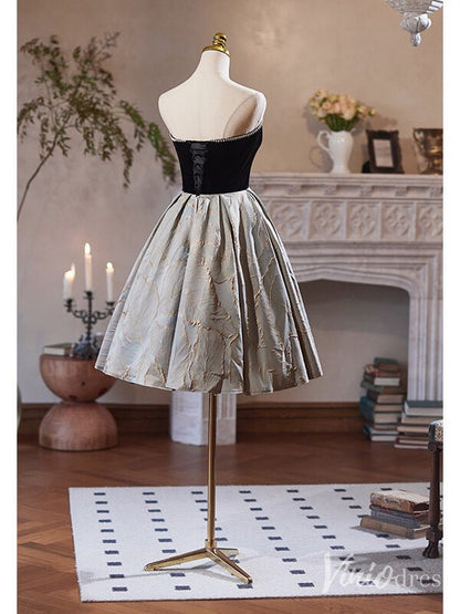 Black Jacquard Satin Hoco 2024 Strapless Back to School Dress 8002-prom dresses 2025 -Viniodress-Black-Custom Size-