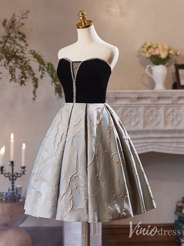 Black Jacquard Satin Hoco 2024 Strapless Back to School Dress 8002-prom dresses 2025 -Viniodress-Black-Custom Size-