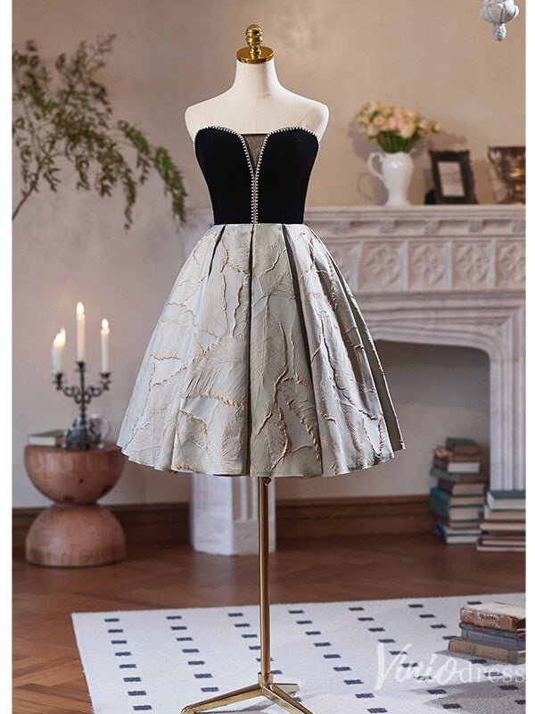 Black Jacquard Satin Hoco 2024 Strapless Back to School Dress 8002-prom dresses 2025 -Viniodress-Black-Custom Size-