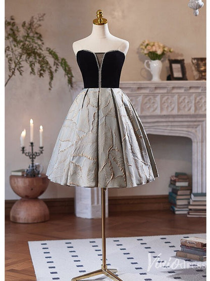 Black Jacquard Satin Hoco 2024 Strapless Back to School Dress 8002-prom dresses 2025 -Viniodress-Black-Custom Size-