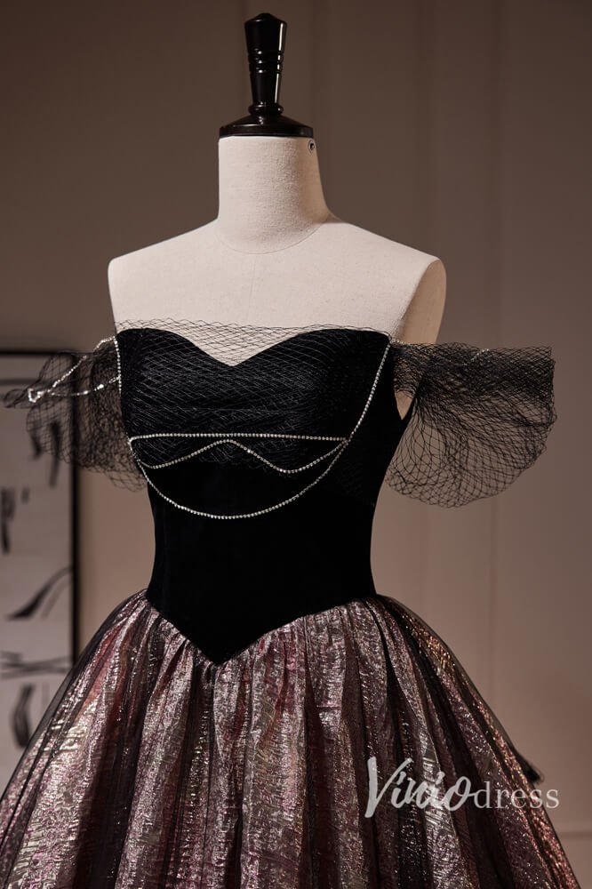 Black Jacquard Satin Prom Dresses Off the Shoulder Formal Dress AD1049-prom dresses 2025 -Viniodress-Black-Custom Size-