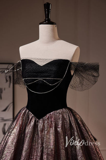 Black Jacquard Satin Prom Dresses Off the Shoulder Formal Dress AD1049-prom dresses 2025 -Viniodress-Black-Custom Size-