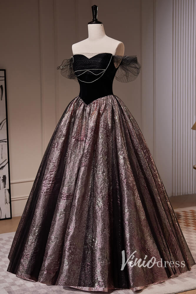 Black Jacquard Satin Prom Dresses Off the Shoulder Formal Dress AD1049-prom dresses 2025 -Viniodress-Black-Custom Size-