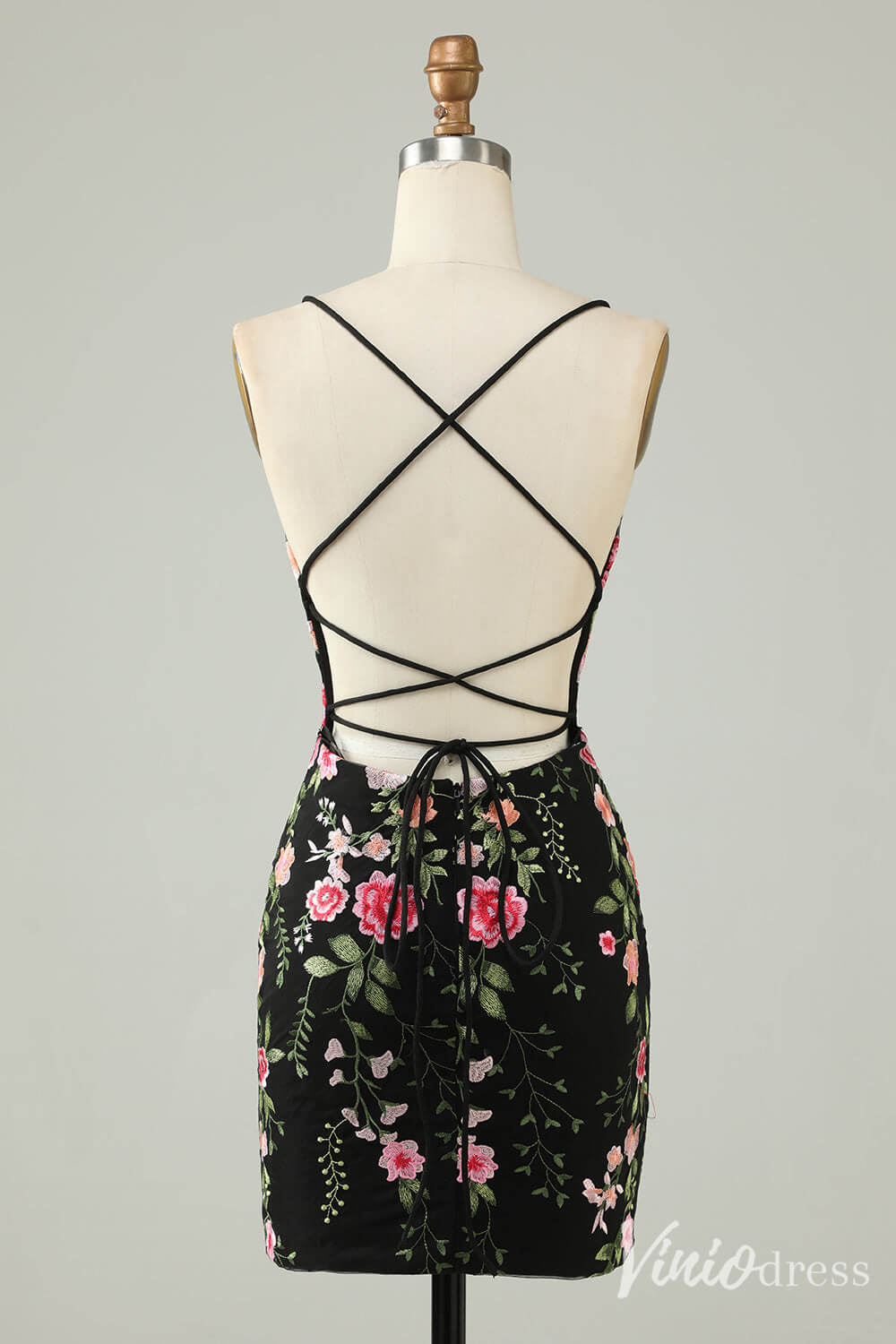 Black Lace Applique Homecoming Dresses Spaghetti Strap Bodycon Dress S24008-prom dresses 2025 -Viniodress-Black-Custom Size-