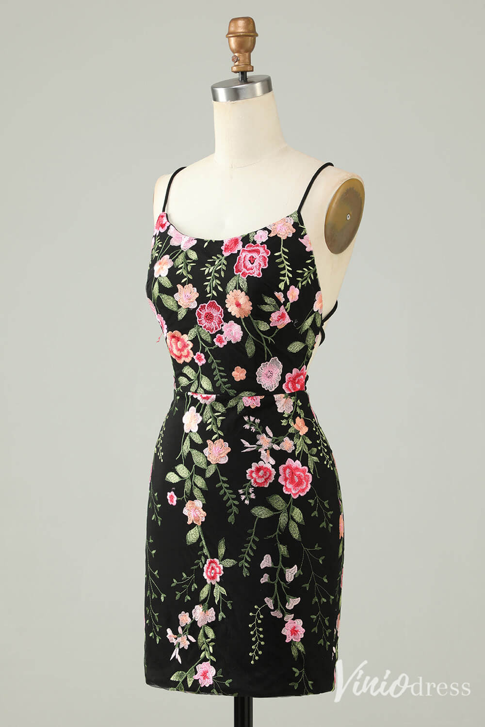 Black Lace Applique Homecoming Dresses Spaghetti Strap Bodycon Dress S24008-prom dresses 2025 -Viniodress-Black-Custom Size-