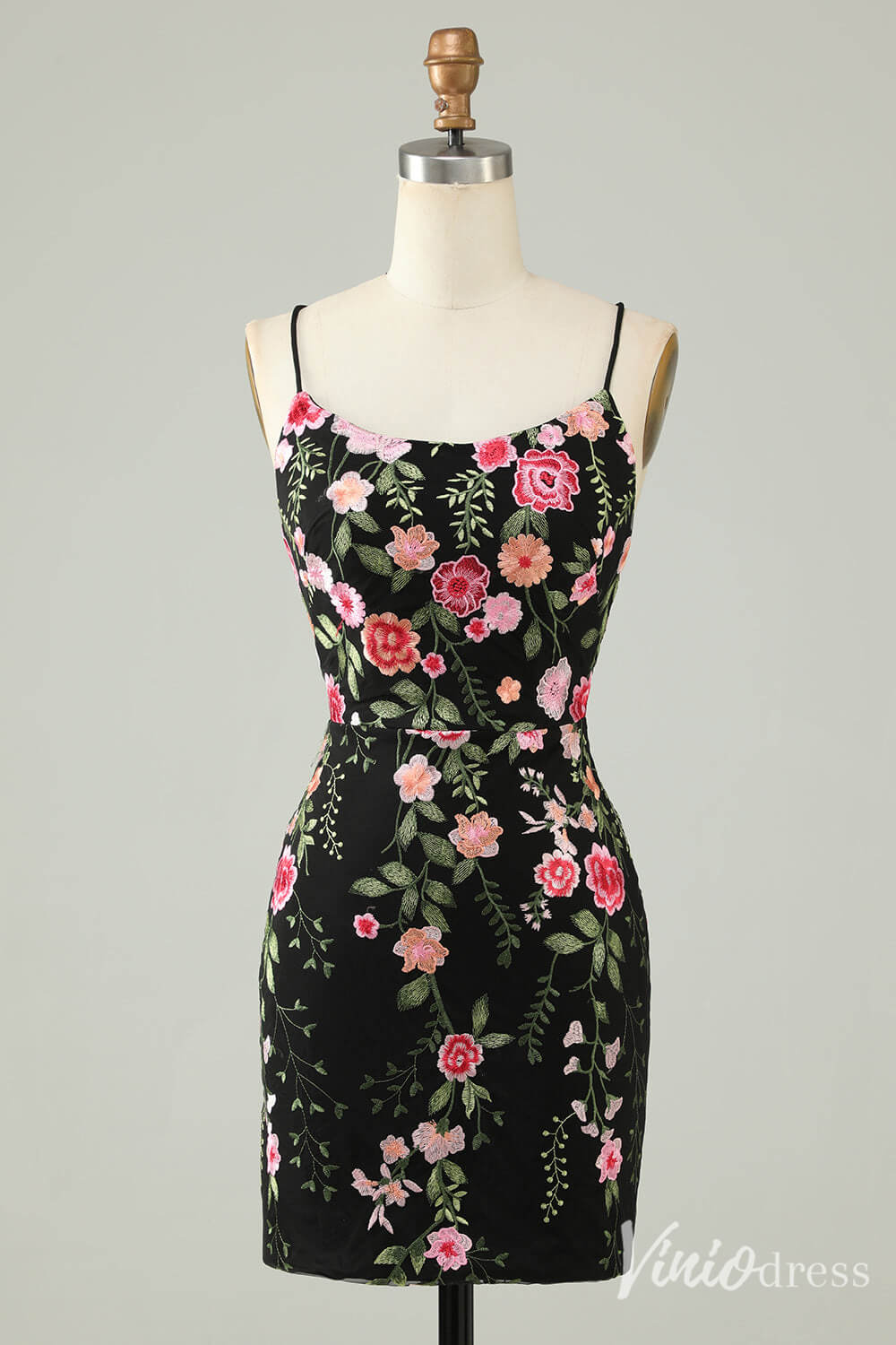 Black Lace Applique Homecoming Dresses Spaghetti Strap Bodycon Dress S24008-prom dresses 2025 -Viniodress-Black-Custom Size-