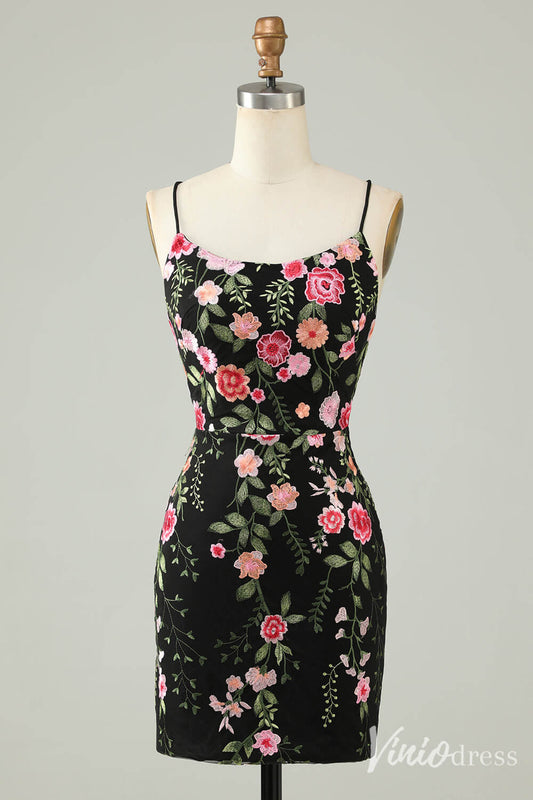 Black Lace Applique Homecoming Dresses Spaghetti Strap Bodycon Dress S24008-prom dresses 2025 -Viniodress-Black-Custom Size-