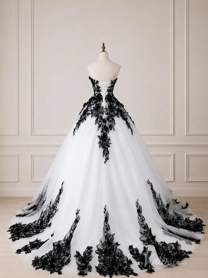 Black Lace Ball Gown Wedding Dress with 3D Floral Appliqués & Plunging Sweetheart Neckline – BK125-wedding dresses 2026-Viniodress-Black-Custom Size – Add Measurements in Cart-