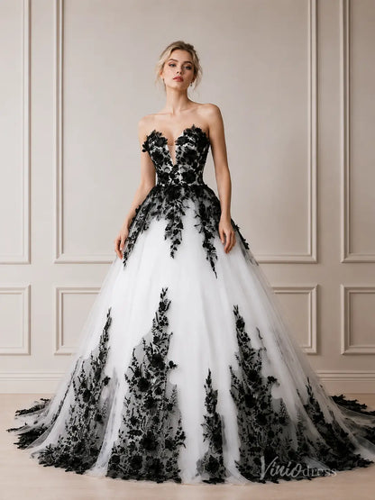 Black Lace Ball Gown Wedding Dress with 3D Floral Appliqués & Plunging Sweetheart Neckline – BK125-wedding dresses 2026-Viniodress-Black-Custom Size – Add Measurements in Cart-