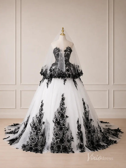 Black Lace Ball Gown Wedding Dress with 3D Floral Appliqués & Plunging Sweetheart Neckline – BK125-wedding dresses 2026-Viniodress-Black-Custom Size – Add Measurements in Cart-