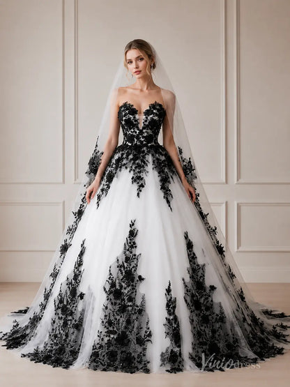 Black Lace Ball Gown Wedding Dress with 3D Floral Appliqués & Plunging Sweetheart Neckline – BK125-wedding dresses 2026-Viniodress-Black-Custom Size – Add Measurements in Cart-