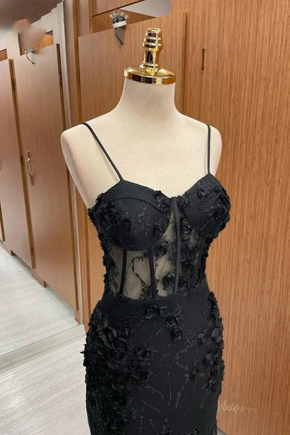 Black Lace Mermaid Prom Dresses 2025 with Spaghetti Strap & 3D Flower – FD5076-prom dresses 2025 -Viniodress-Black-Custom Size-
