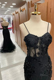 Black Lace Mermaid Prom Dresses 2025 with Spaghetti Strap & 3D Flower – FD5076