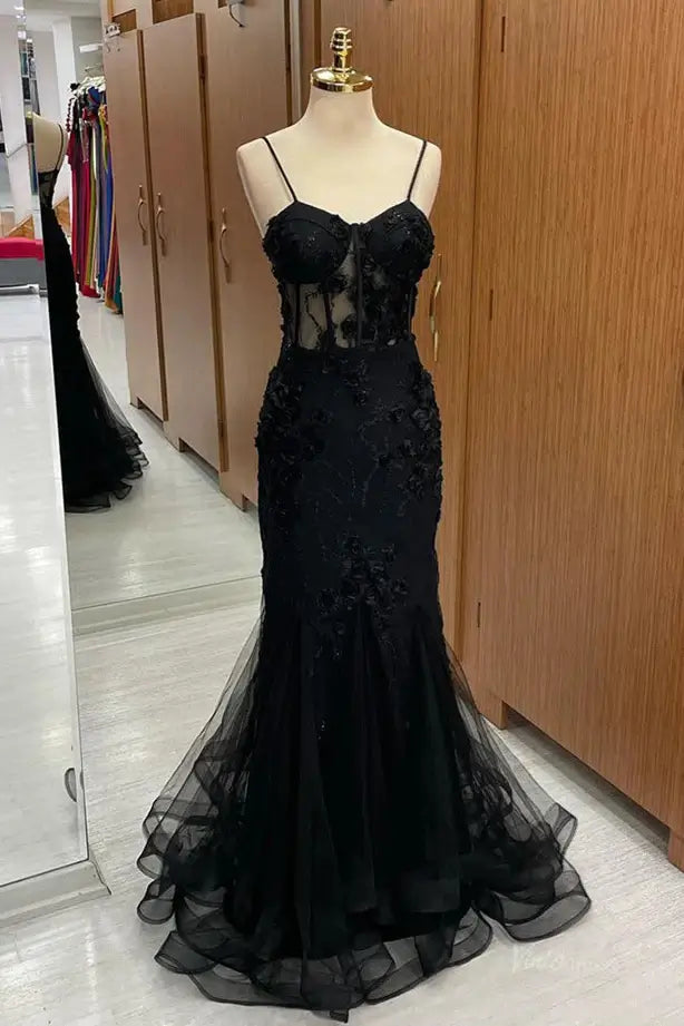 Black Lace Mermaid Prom Dresses 2025 with Spaghetti Strap & 3D Flower – FD5076