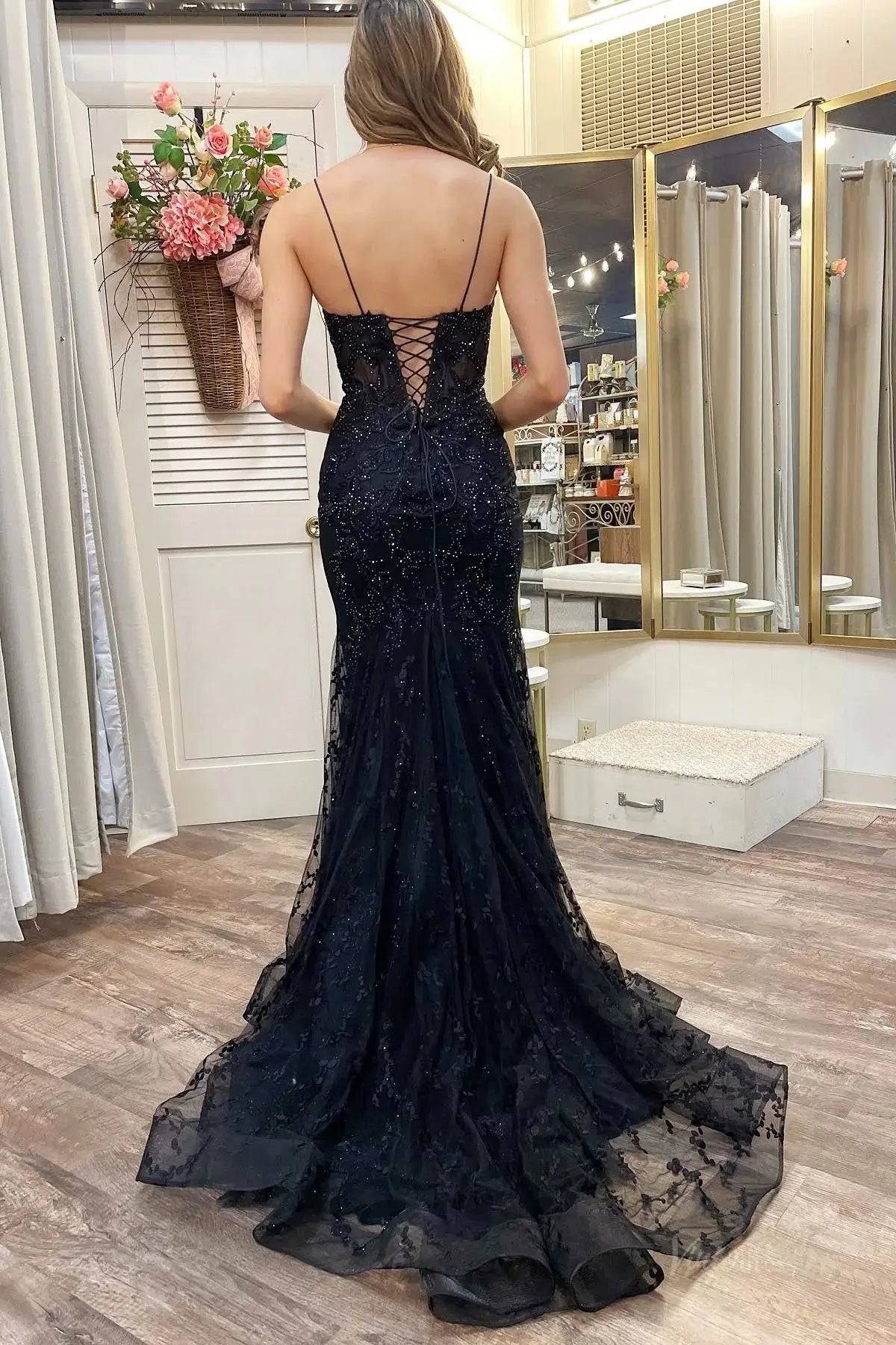 prom dresses 2025 Black Lace Mermaid Prom Dresses Spaghetti Strap V-neck Evening Dress FD3672-plus size wedding dresses Viniodress-Black-Custom Size-