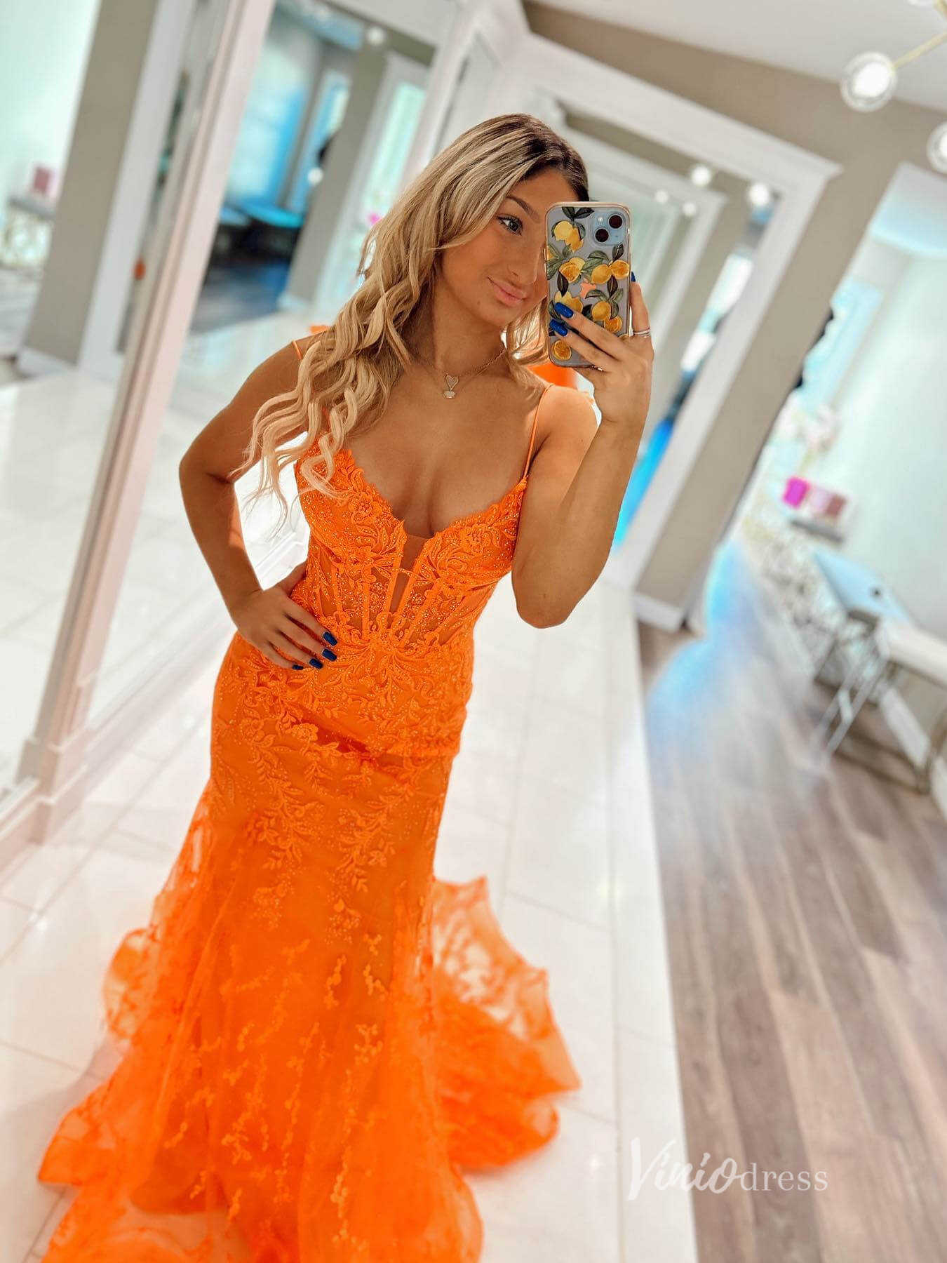 Prom Dress 2025 Orange Lace Applique Mermaid Prom Dresses Spaghetti Strap Evening Dress FD3672-unique prom dresses-Orange-Custom Size-Viniodress