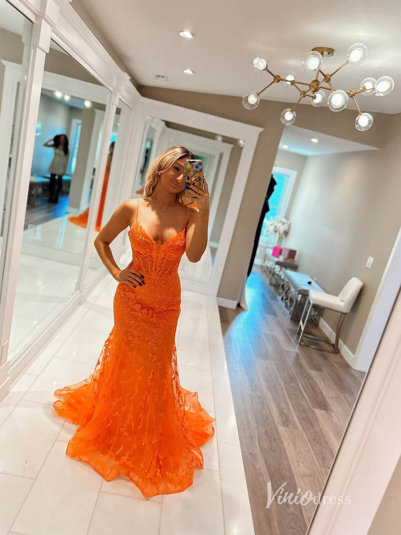 Prom Dress 2025 Orange Lace Applique Mermaid Prom Dresses Spaghetti Strap Evening Dress FD3672-unique prom dresses-Orange-Custom Size-Viniodress