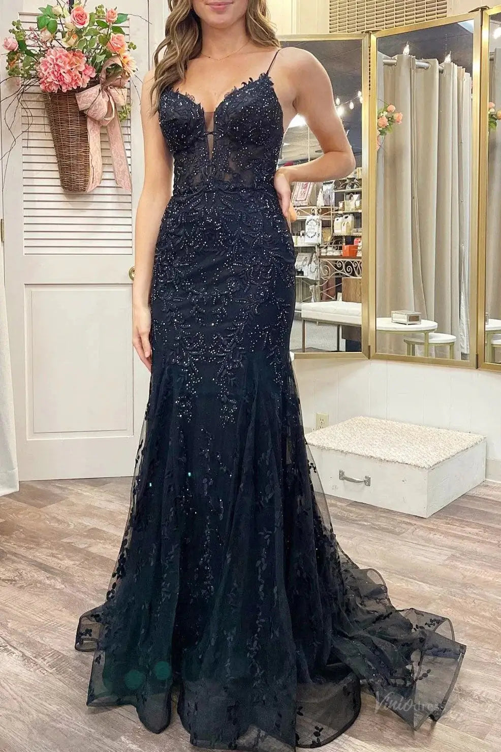 prom dresses 2025 Black Lace Mermaid Prom Dresses Spaghetti Strap V-neck Evening Dress FD3672-plus size wedding dresses Viniodress-Black-Custom Size-