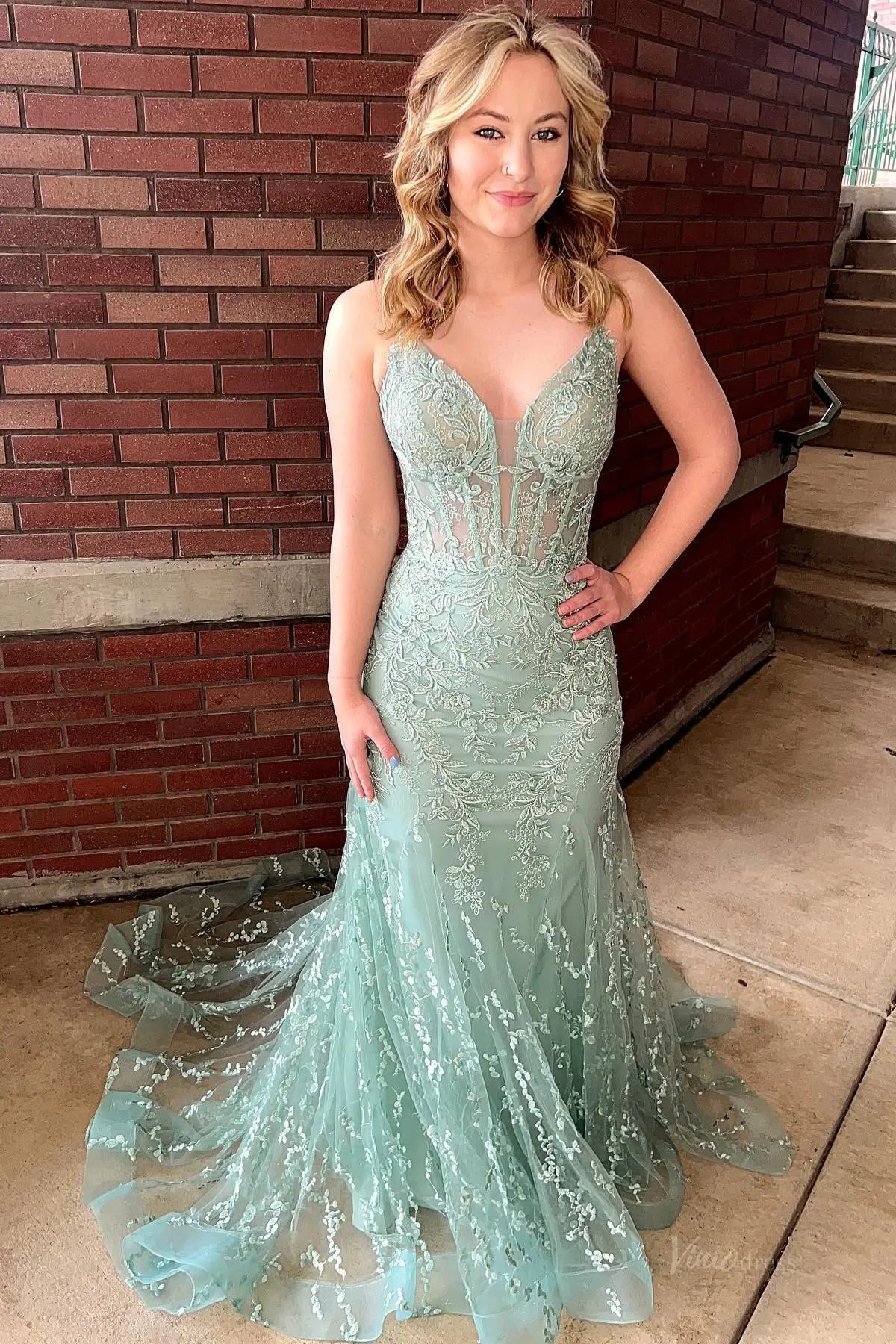 prom dresses 2025 Black Lace Mermaid Prom Dresses Spaghetti Strap V-neck Evening Dress FD3672-plus size wedding dresses Viniodress-Sage-Custom Size-