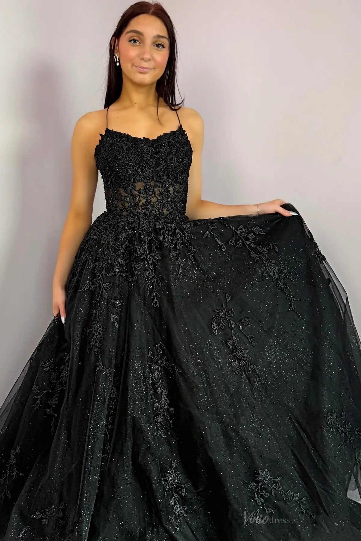 Black Lace Prom Dress with Spaghetti Straps, Illusion Cutout & Sparkly Glitter Tulle Skirt – AL005-prom dresses 2026-Viniodress-Black-Custom Size-