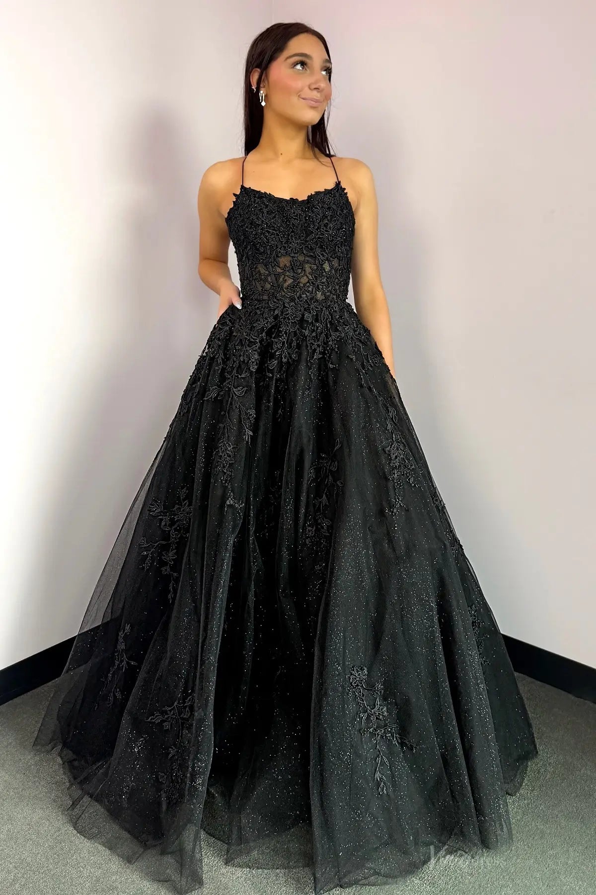 Black Lace Prom Dress with Spaghetti Straps, Illusion Cutout & Sparkly Glitter Tulle Skirt – AL005-prom dresses 2026-Viniodress-Black-Custom Size-