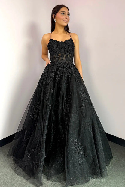 Black Lace Prom Dress with Spaghetti Straps, Illusion Cutout & Sparkly Glitter Tulle Skirt – AL005-prom dresses 2026-Viniodress-Black-Custom Size-