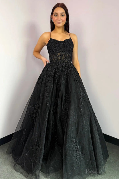 Black Lace Prom Dress with Spaghetti Straps, Illusion Cutout & Sparkly Glitter Tulle Skirt – AL005-prom dresses 2026-Viniodress-Black-Custom Size-
