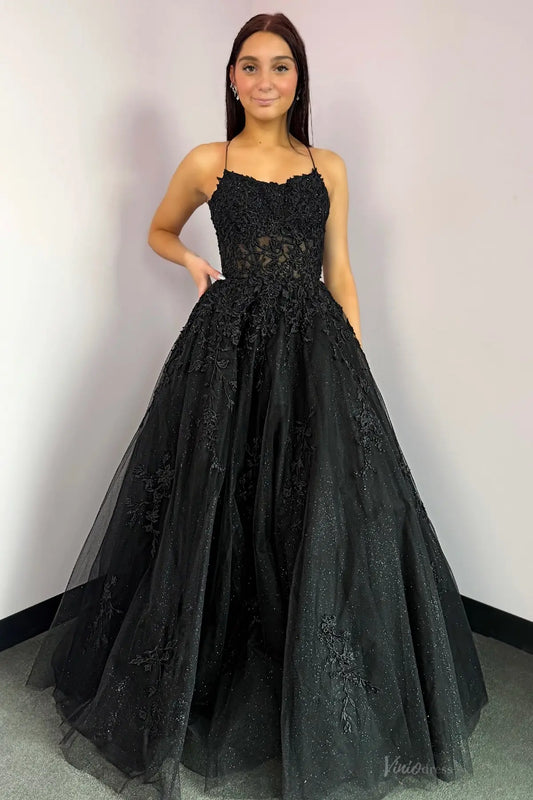 Black Lace Prom Dress with Spaghetti Straps, Illusion Cutout & Sparkly Glitter Tulle Skirt – AL005-prom dresses 2026-Viniodress-Black-Custom Size-