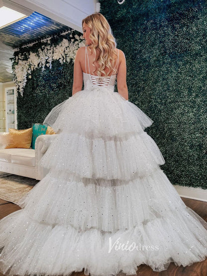 Black Layered Ruffle High Low Prom Dresses Spaghetti Strap Evening Gown FD3052-prom dresses 2025 -Viniodress-Light Blue-Custom Size-