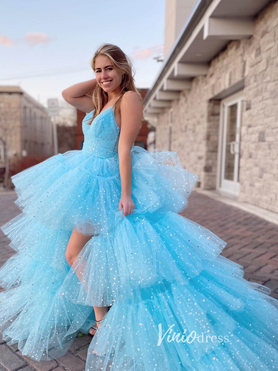 Black Layered Ruffle High Low Prom Dresses Spaghetti Strap Evening Gown FD3052-prom dresses 2025 -Viniodress-Light Blue-Custom Size-