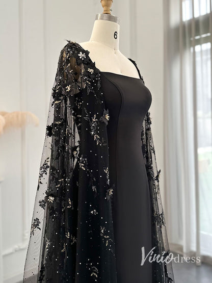 Black Mermaid Evening Dresses Beaded Floral Extra Long Sleeve Pageant Dress AD1161-Evening Dresses 2025 -Viniodress-Black-US 2-