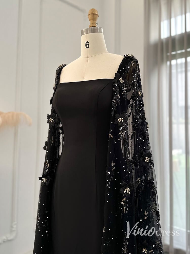 Black Mermaid Evening Dresses Beaded Floral Extra Long Sleeve Pageant Dress AD1161-Evening Dresses 2025 -Viniodress-Black-US 2-