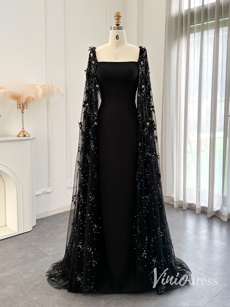 Black Mermaid Evening Dresses Beaded Floral Extra Long Sleeve Pageant Dress AD1161-Evening Dresses 2025 -Viniodress-Black-US 2-