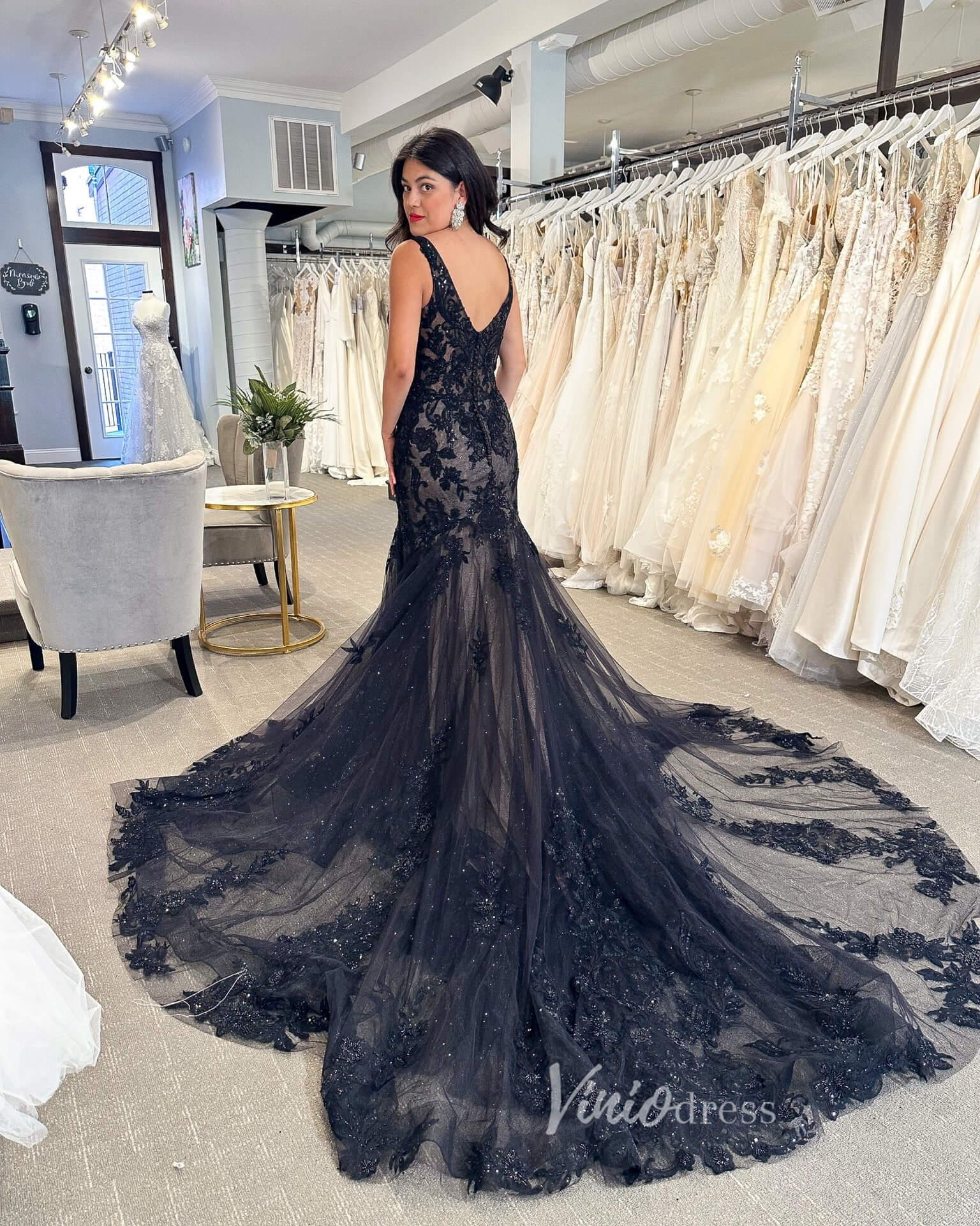 Black Mermaid Gothic Wedding Dress V-Neck Beaded Lace Appliqué Gown with Cathedral Train FD3620-wedding dresses 2025 -Viniodress-Black-Custom Size-