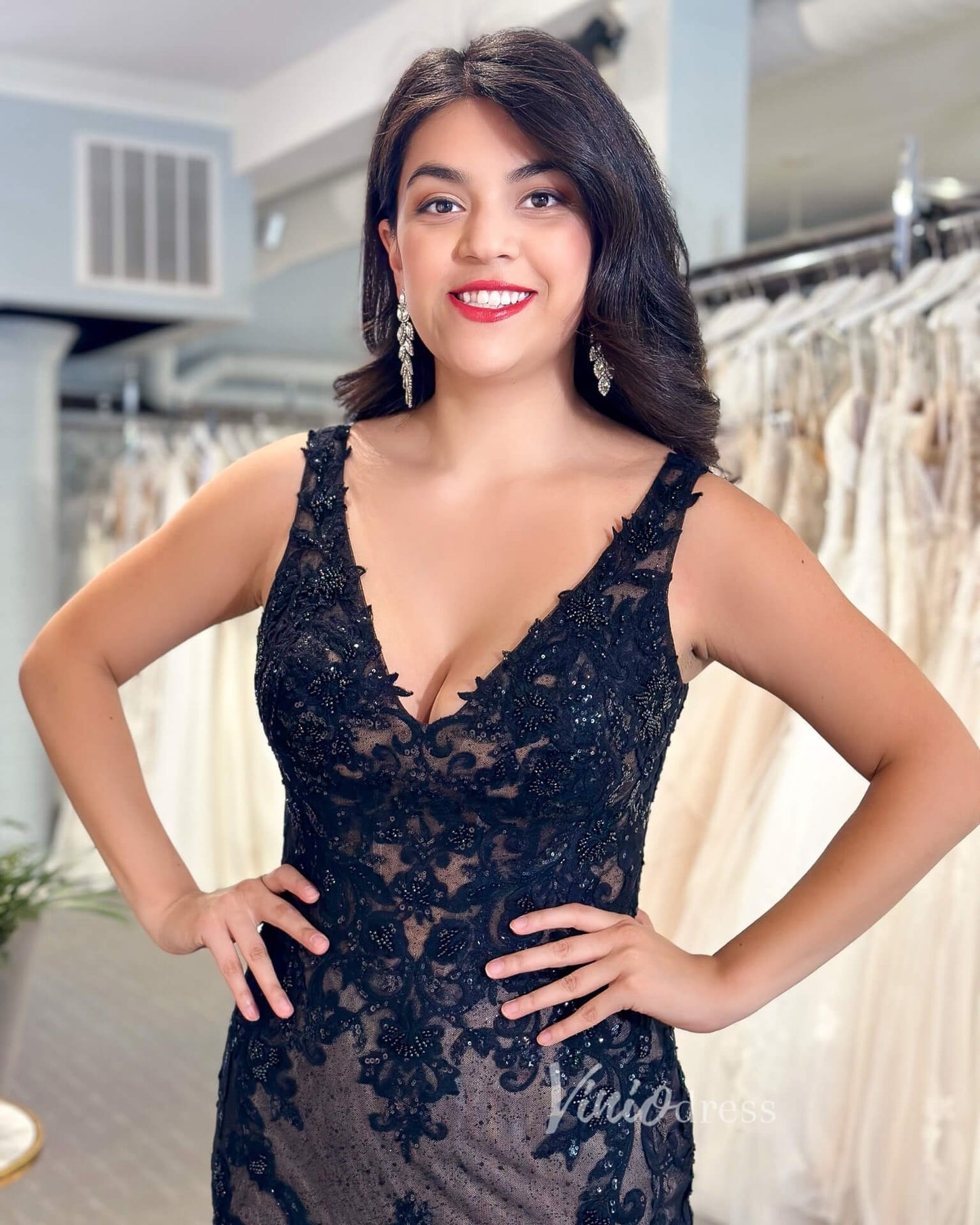 Black Mermaid Gothic Wedding Dress V-Neck Beaded Lace Appliqué Gown with Cathedral Train FD3620-wedding dresses 2025 -Viniodress-Black-Custom Size-