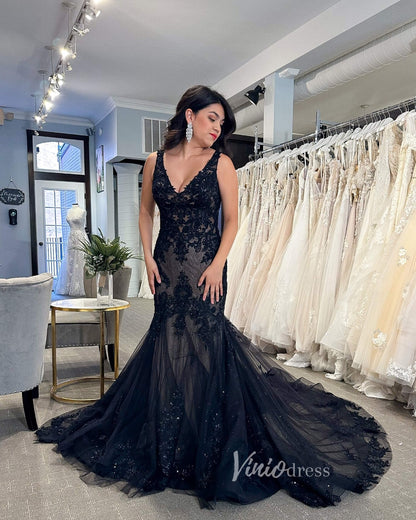 Black Mermaid Gothic Wedding Dress V-Neck Beaded Lace Appliqué Gown with Cathedral Train FD3620-wedding dresses 2025 -Viniodress-Black-Custom Size-
