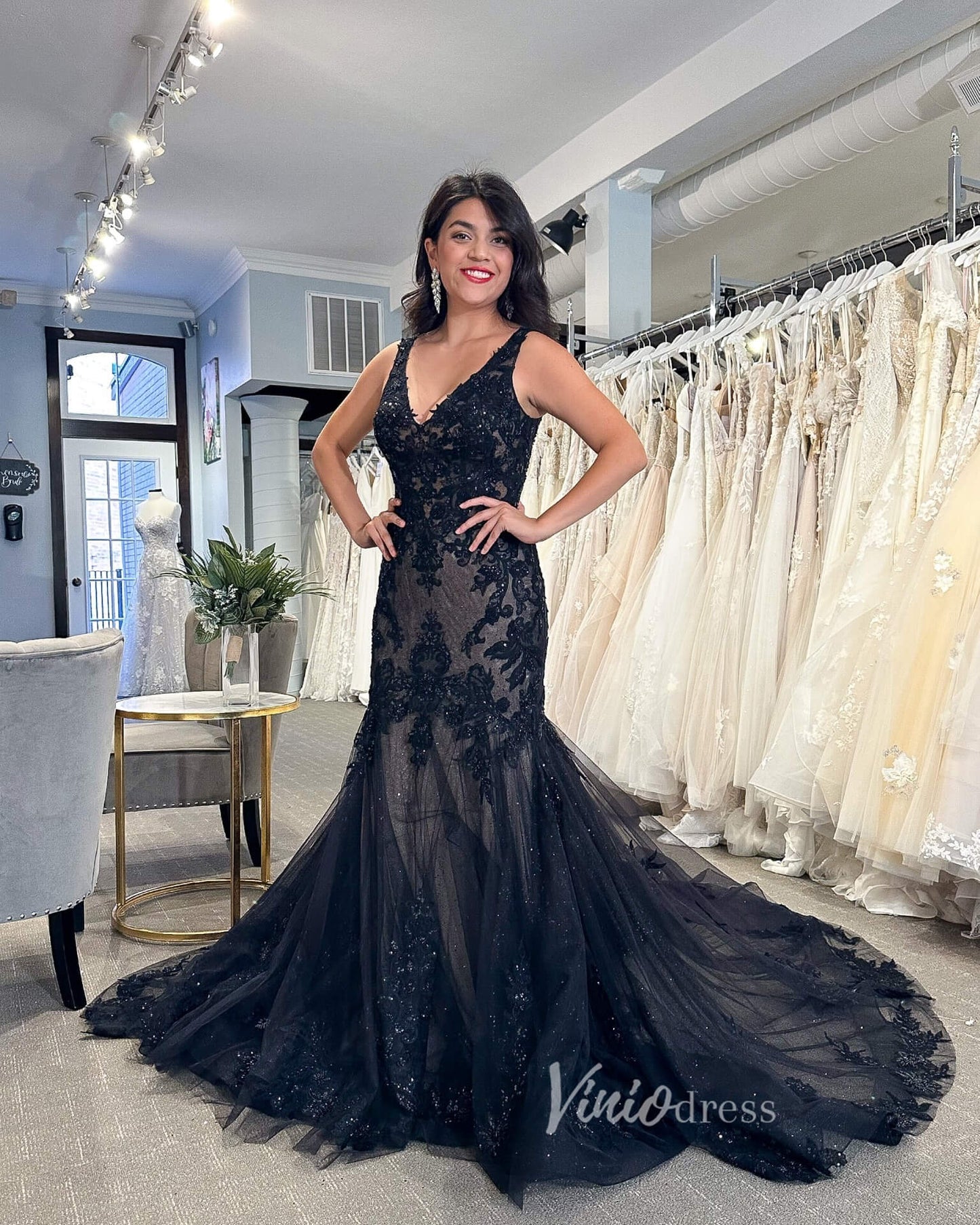 Black Mermaid Gothic Wedding Dress V-Neck Beaded Lace Appliqué Gown with Cathedral Train FD3620-wedding dresses 2025 -Viniodress-Black-Custom Size-