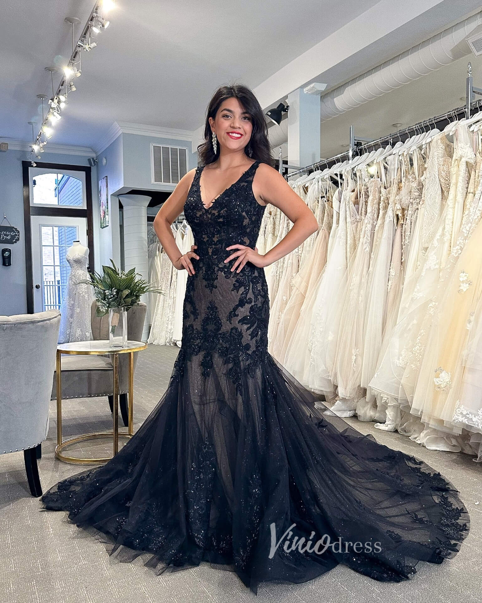 Black Mermaid Gothic Wedding Dress V-Neck Beaded Lace Appliqué Gown with Cathedral Train FD3620-wedding dresses 2025 -Viniodress-Black-Custom Size-