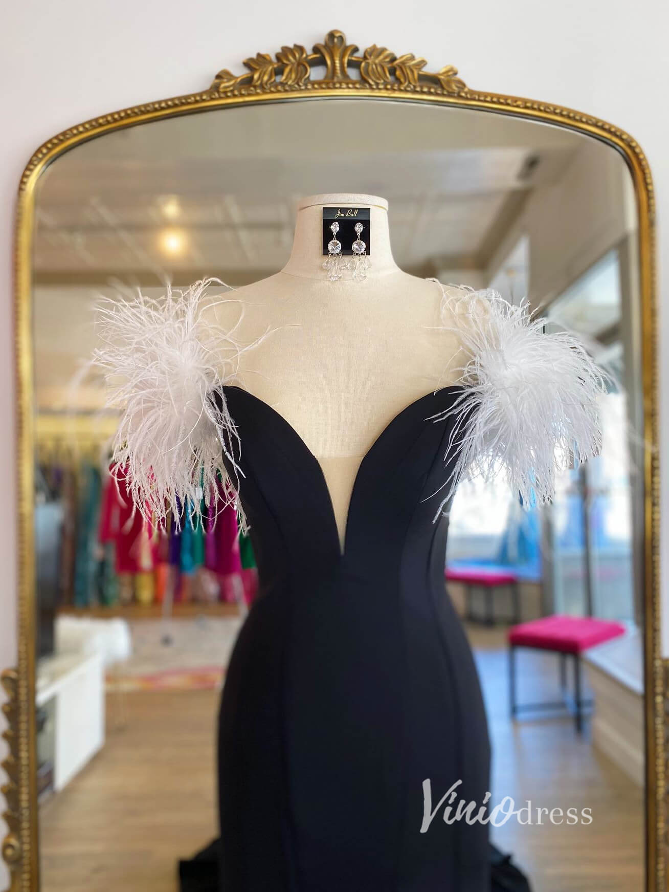 Black Mermaid Prom Dresses With Slit Feather Evening Dress FD3028-prom dresses 2025 -Viniodress-Black-Custom Size-