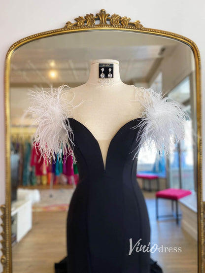 Black Mermaid Prom Dresses With Slit Feather Evening Dress FD3028-prom dresses 2025 -Viniodress-Black-Custom Size-
