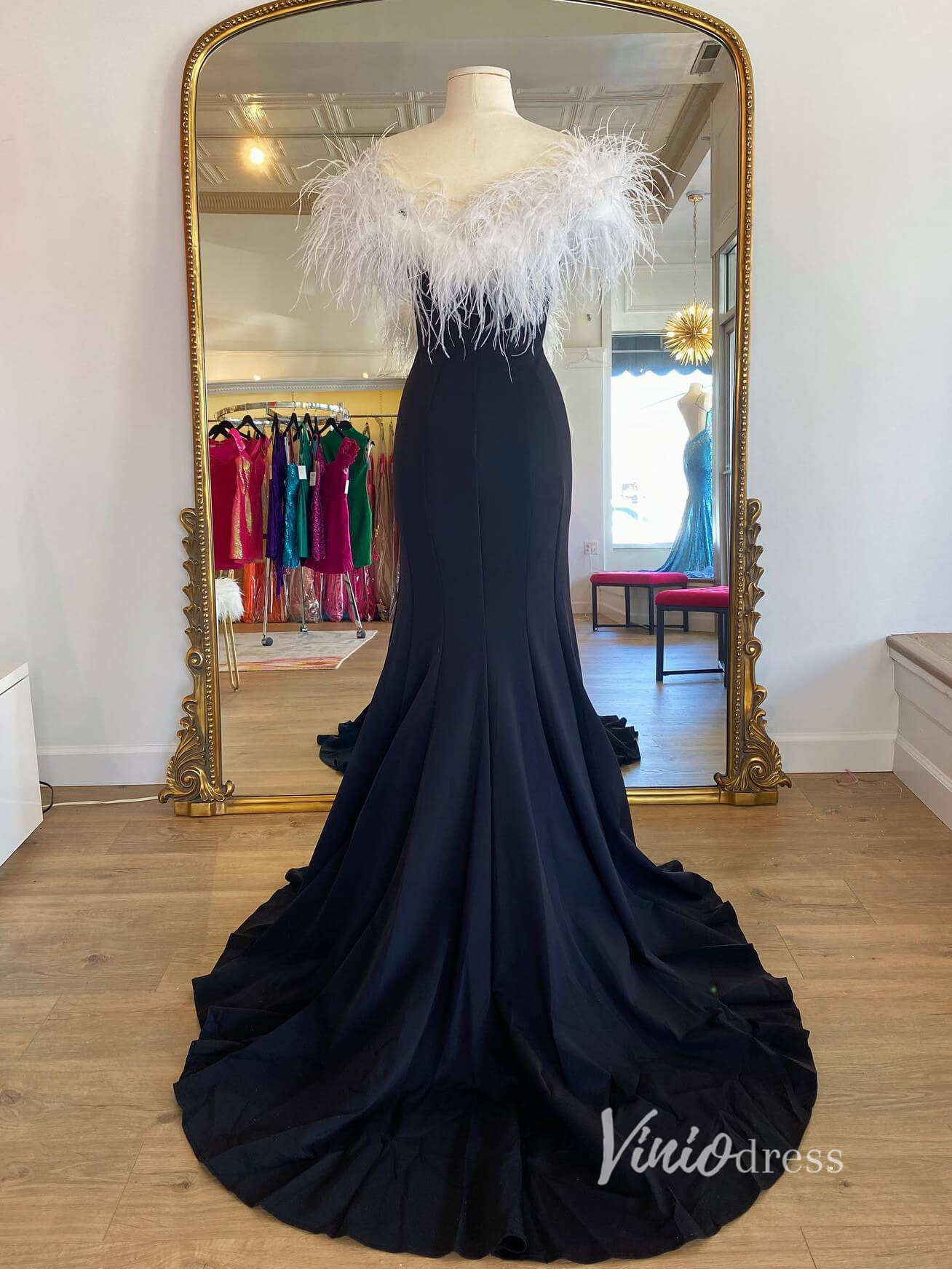 Black Mermaid Prom Dresses With Slit Feather Evening Dress FD3028 Viniodress Black Mermaid Prom Dresses With Slit Feather Evening Dress FD3028 Viniodress