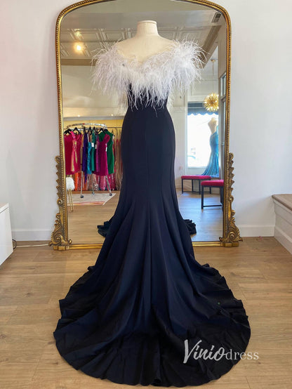 Black Mermaid Prom Dresses With Slit Feather Evening Dress FD3028-prom dresses 2025 -Viniodress-Black-Custom Size-