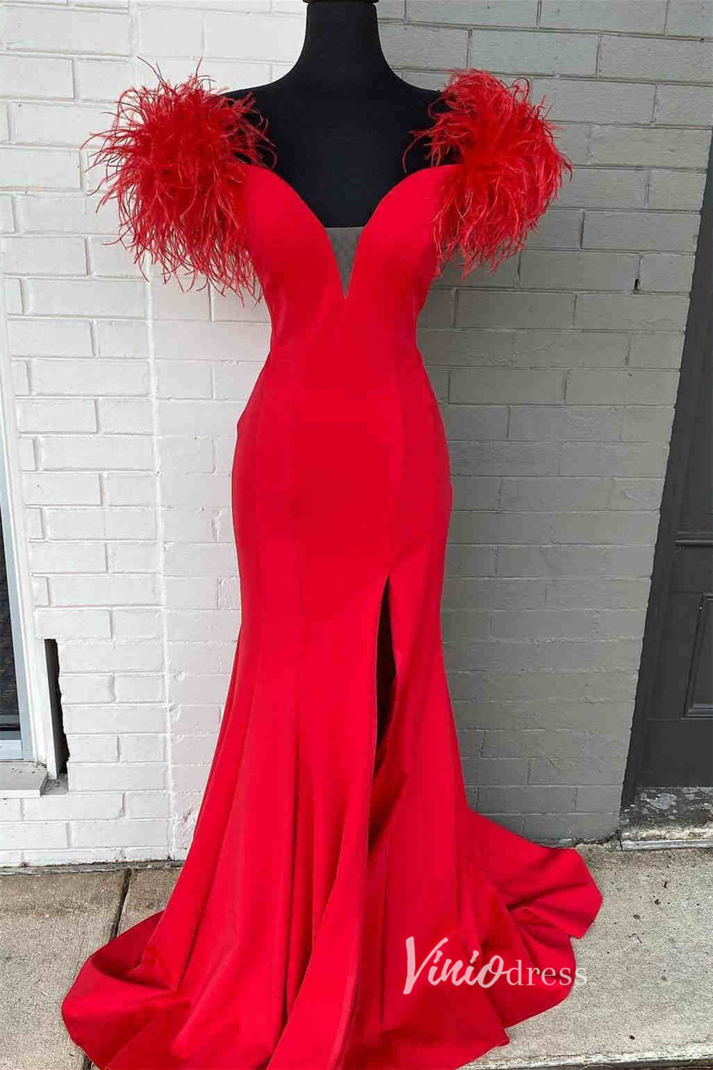 Black Mermaid Prom Dresses With Slit Feather Evening Dress FD3028-prom dresses 2025 -Viniodress-Red-Custom Size-