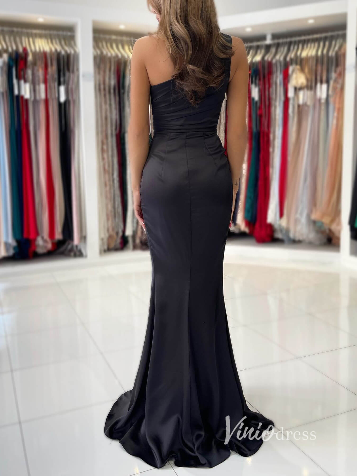 Black Mermaid Prom Dresses With Slit One Shoulder Evening Dress FD2926-prom dresses 2025 -Viniodress-Black-Custom Size-
