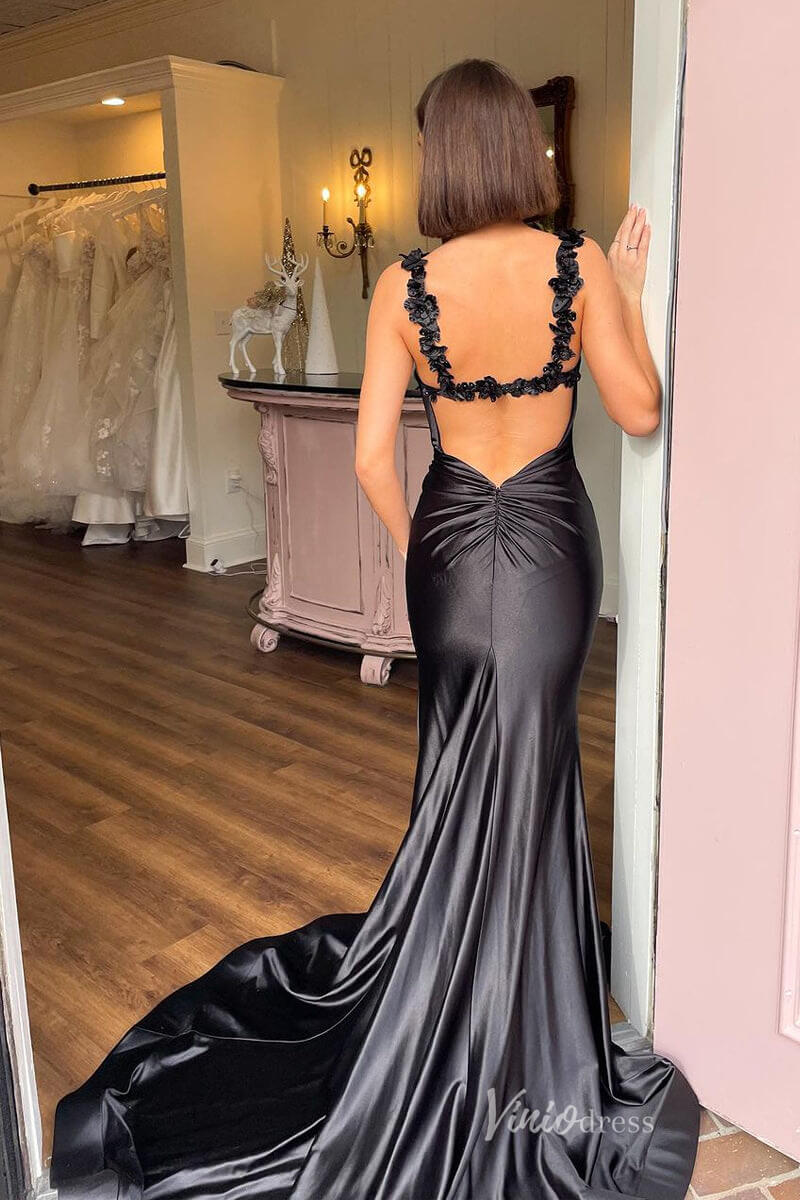 Black Mermaid Satin Prom Dresses with Slit Lace Applique Strap FD4040-prom dresses 2025 -Viniodress-Black-Custom Size-