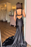 Black Mermaid Satin Prom Dresses with Slit Lace Applique Strap FD4040-prom dresses-Viniodress-Viniodress