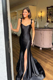 Black Mermaid Satin Prom Dresses with Slit Lace Applique Strap FD4040