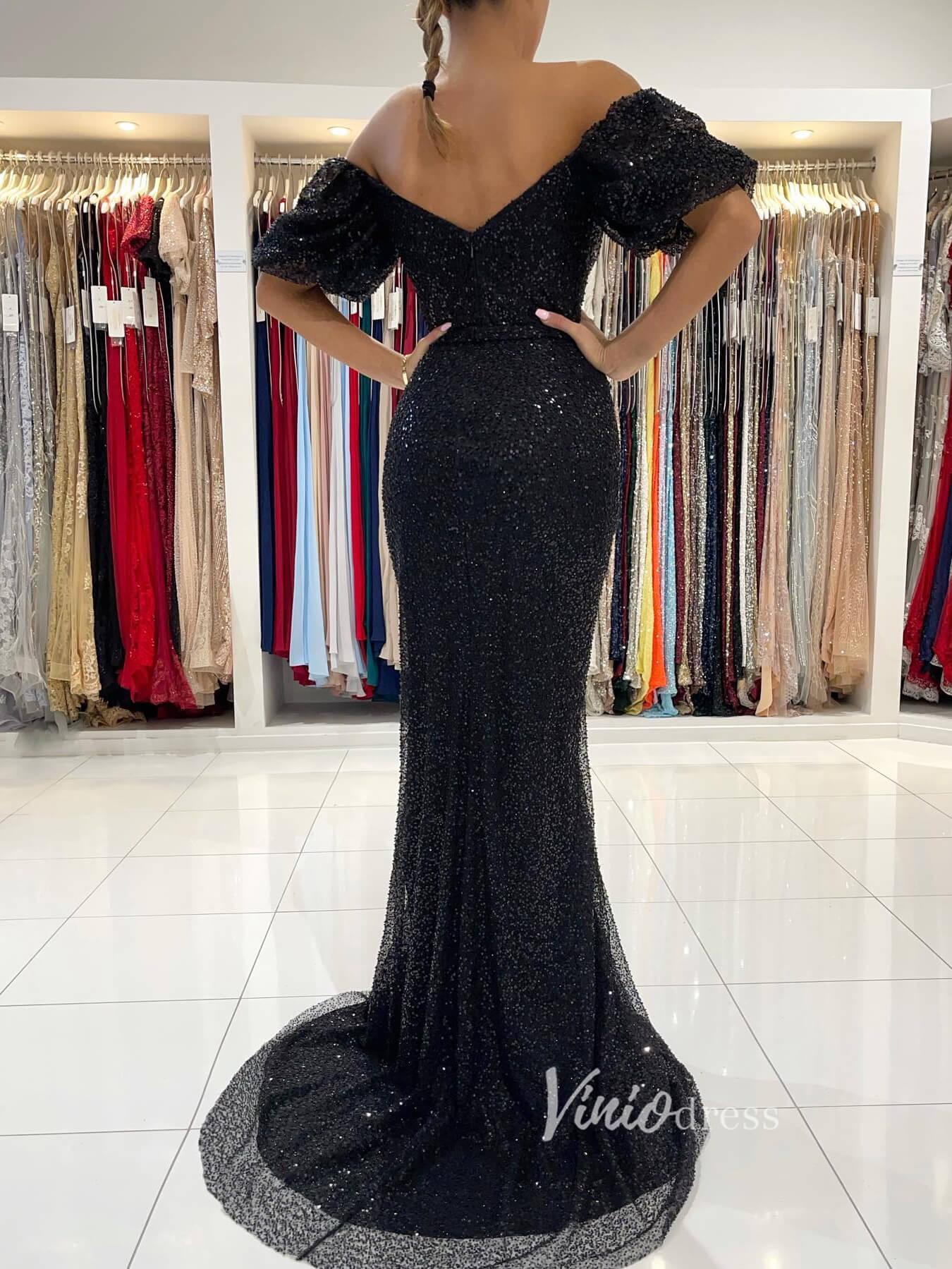 Black Mermaid Sequin Lace Prom Dress Off the Shoulder Evening Gown FD2733-prom dresses 2025 -Viniodress-Black-Custom Size-